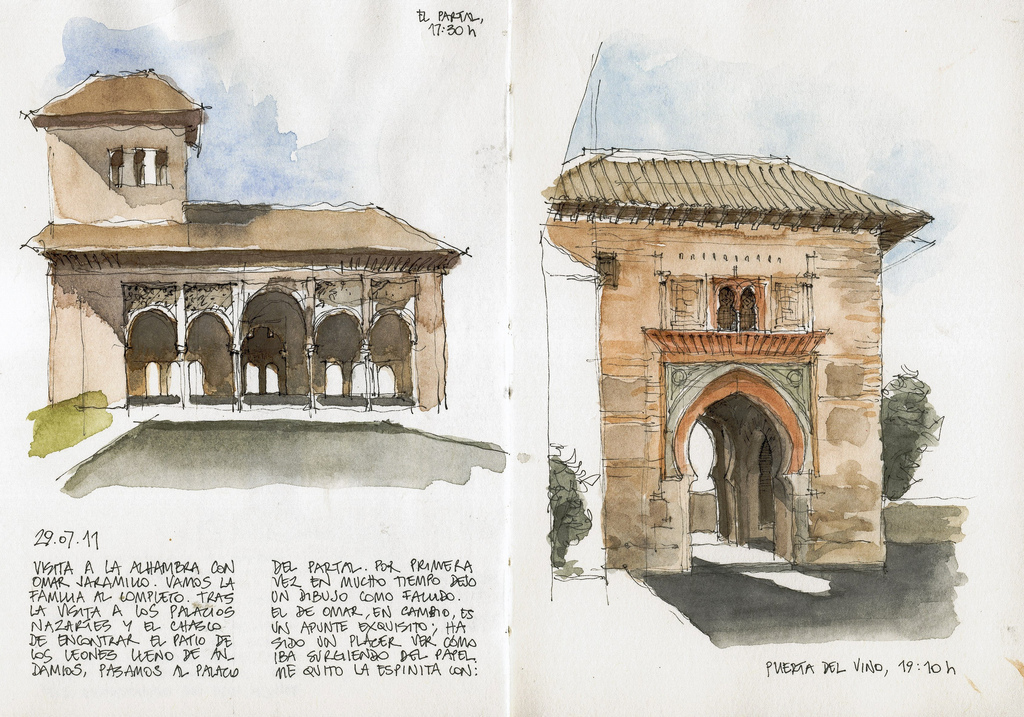1024x717 Granada, La Alhambra El Partal Y La Puerta Del Vino. - Alhambra Sketch