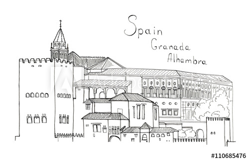 500x323 Hand Drawn Sketch Illustration Architecture Landmark Of Spain - Alhambra Sketch