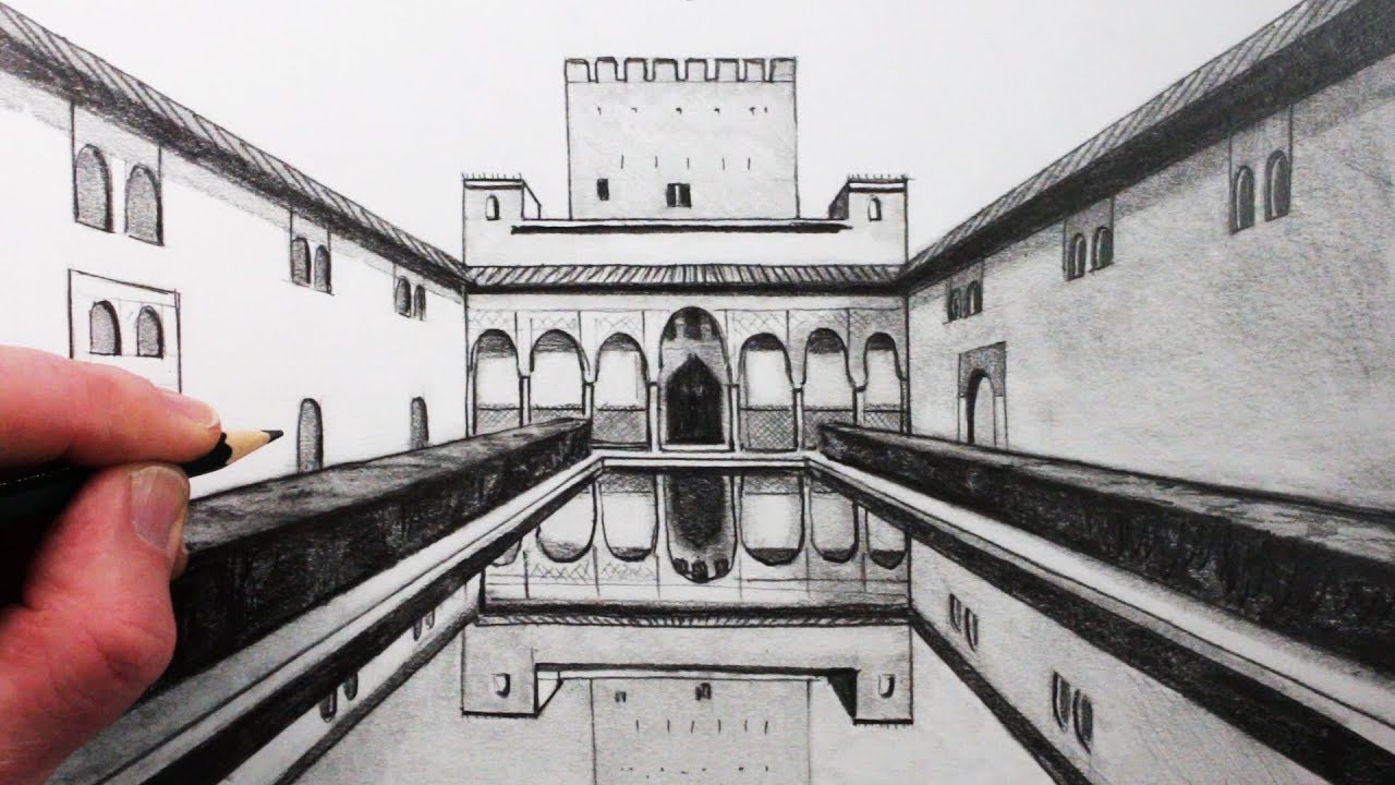 1280x720 How To Draw 1 Point Perspective The Alhambra Palace - Alhambra Sketch