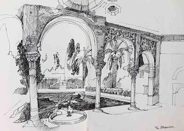 630x450 Pen And Ink Sketch Of The Alhambra In Granada, Spain Heather Teran - Alhambra Sketch