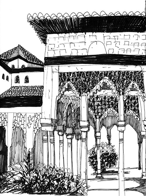500x670 Weekly Sketch Alhambra Courtyard 03022013 Cat Among The - Alhambra Sketch