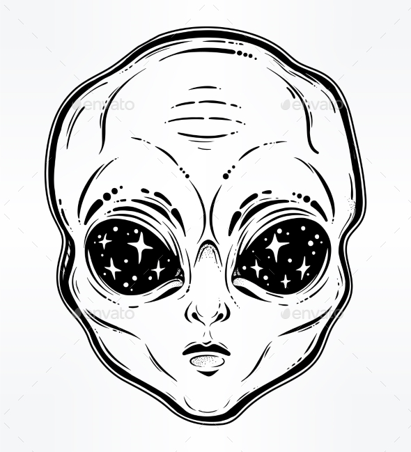 590x649 Vector Illustration With A Alien Head With Starry By Itskatjas - Alien Sketch