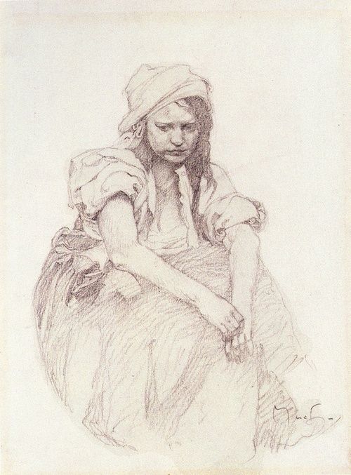 500x677 Contemplation - Alphonse Mucha Sketches