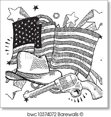 362x382 Art Print Of American Wild West Sketch Barewalls Posters - American Flag Sketch