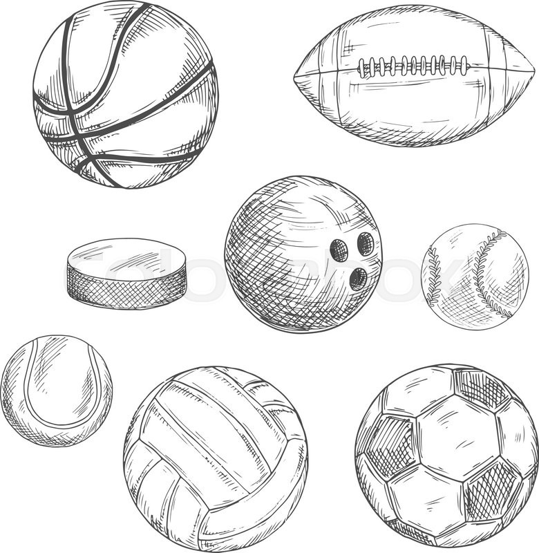 780x800 Sports Balls And Ice Hockey Puck Sketches With American Football - American Football Sketch