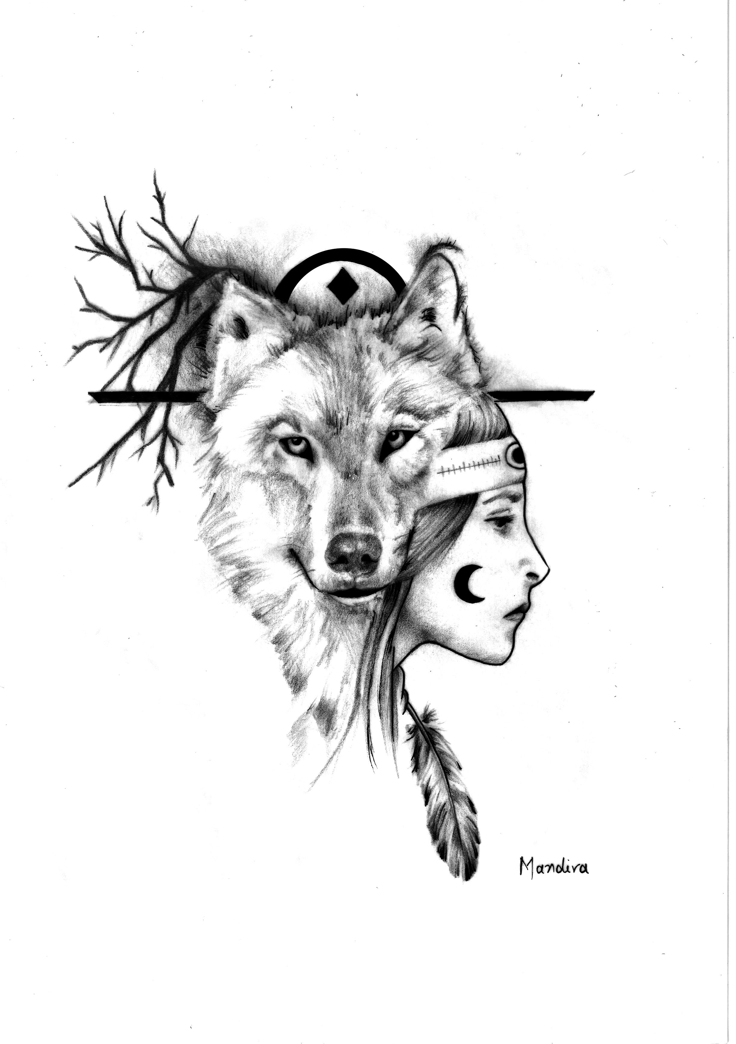 2448x3472 Native American Girl With Wolf Realistic Tattoo Design By Mandira - American Girl Sketch