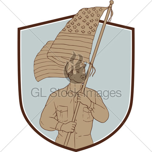 500x500 American Soldier Waving Usa Flag Crest Drawing Gl Stock Images - American Soldier Sketch