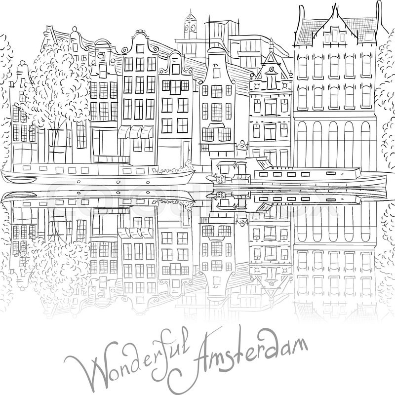 800x800 Black And White Hand Drawing, City View Of Amsterdam Canal And - Amsterdam Sketch