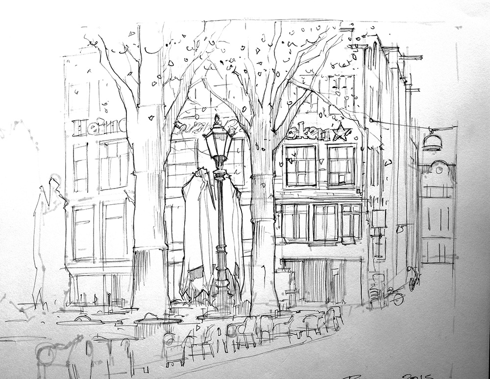 1000x772 Leidesplein Sketch Caught In My Headlights - Amsterdam Sketch