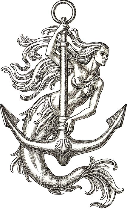 426x741 Elegant Mermaid With Anchor Sketch Art Vinyl Sticker - Anchor Sketch