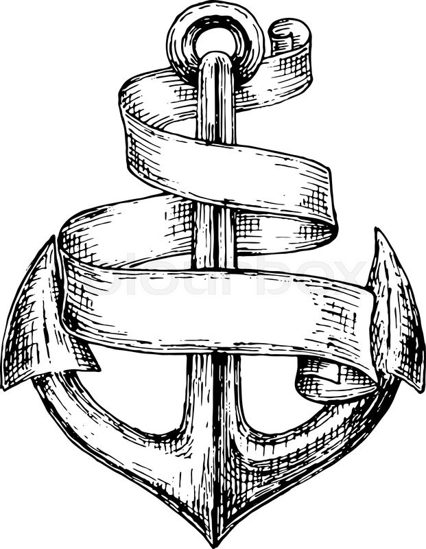 621x800 Old Heraldic Anchor Isolated Sketch With Wavy Ribbon Banner Or - Anchor Sketch