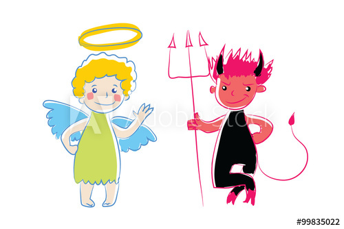 500x334 Cartoon Little Angel And Devil. Vector Illustration. Simple - Angel And Devil Sketch