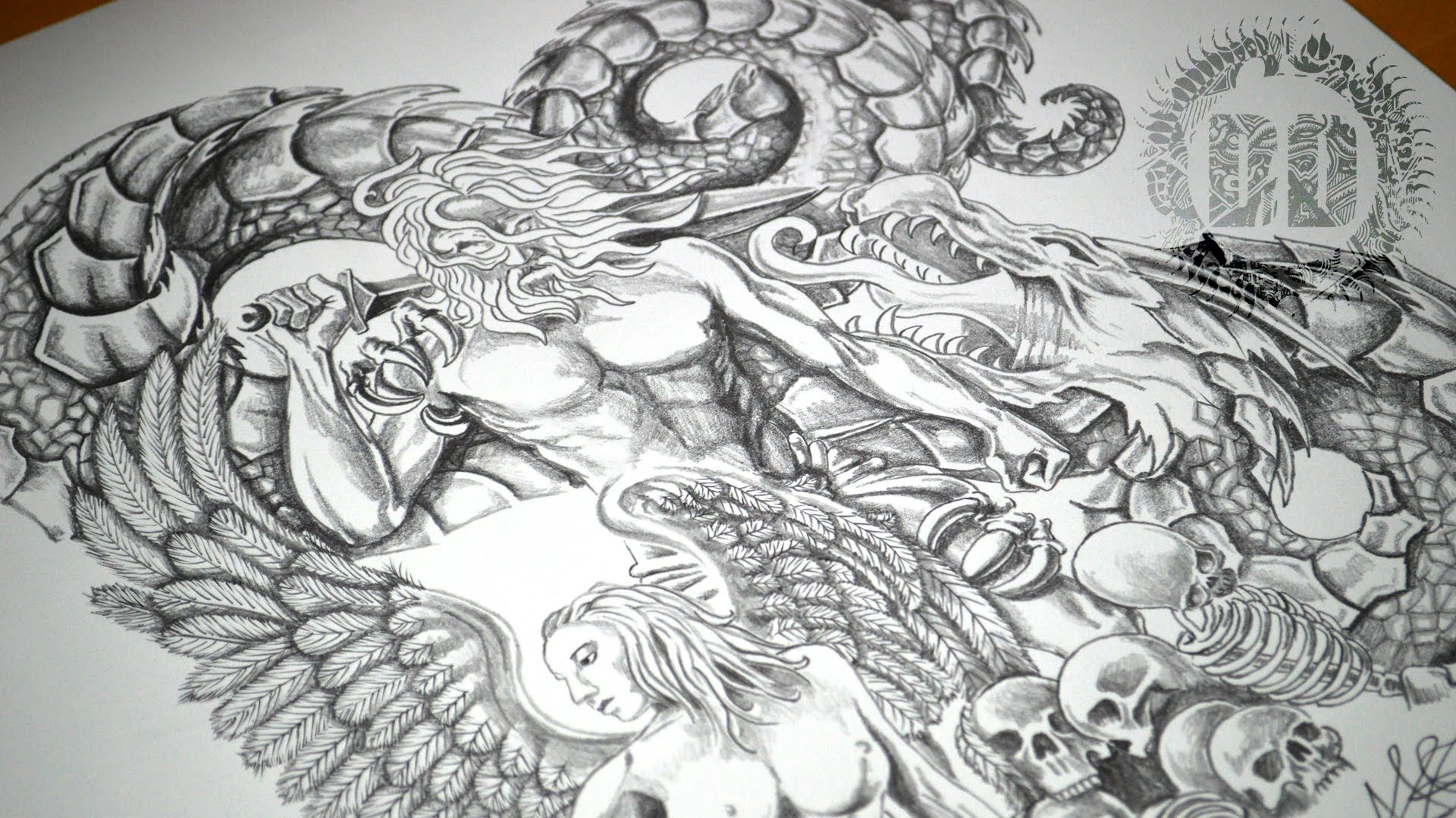 1920x1080 Warrior, Angel Amp Dragon Tattoo Design - Angel Warrior Sketch