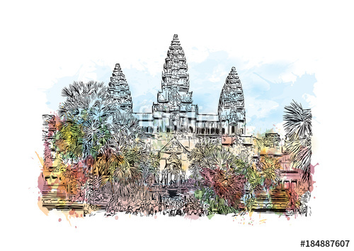 500x354 Angkor Wat Temple, Cambodia. Watercolor Splash With Hand Drawn - Angkor Wat Sketch