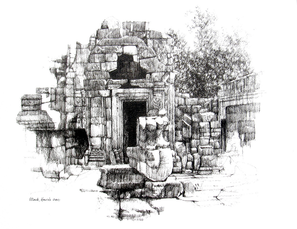1024x788 Doorway And Statue, Angkor Wat Pen And Ink Drawing 20 X - Angkor Wat Sketch