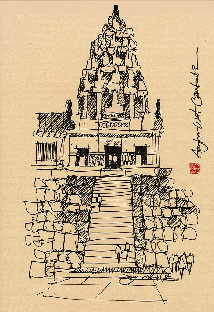 704x1024 Angkor Wat, Cambodia From A Field Sketch. Ink Brush Pen - Angkor Wat Sketch