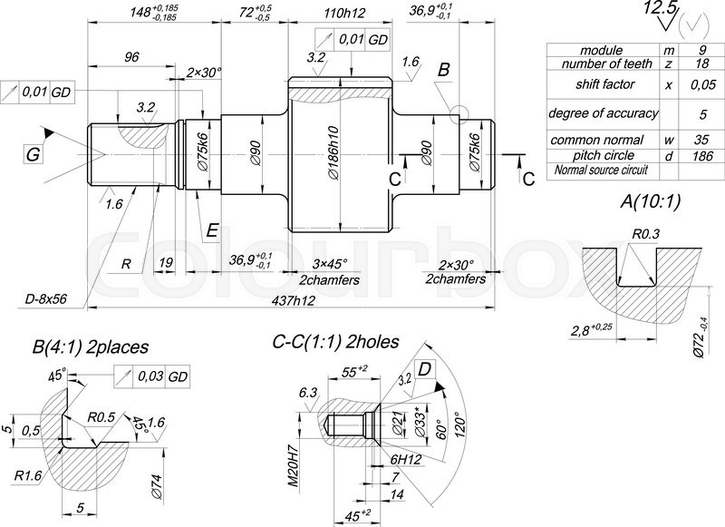 800x581 Sketch Of Shaft With Hatching. Engineering Drawing With Lines - Angle Sketch