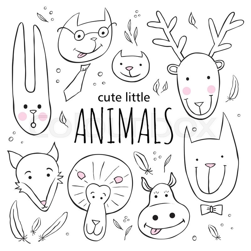 800x800 Set Of Cute Animal Faces. Vector Sketch Style Doodle Illustration - Animal Face Sketch