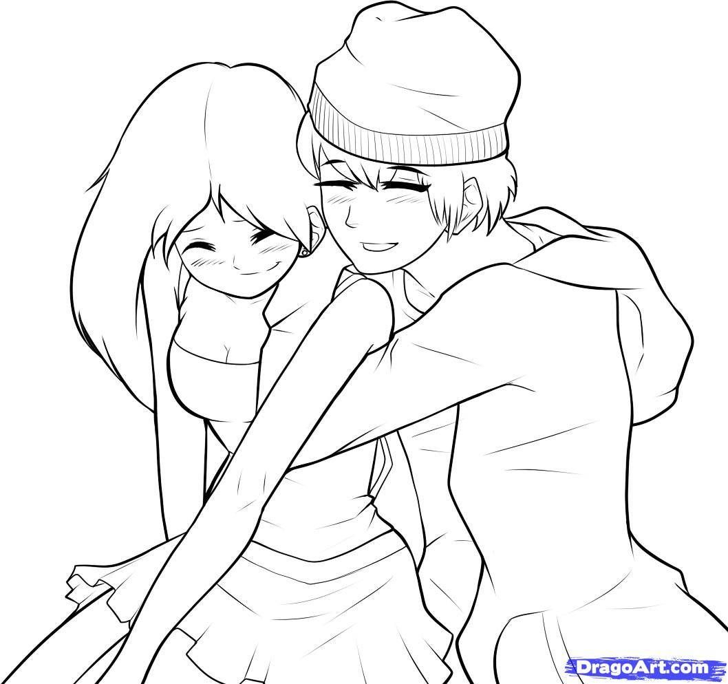 Anime Girl And Boy Hugging Drawing