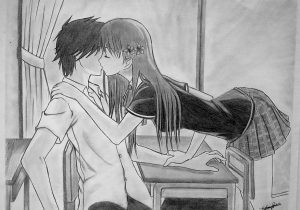300x210 Anime Boy Drawing Kiss Love Pictures - Anime Love Sketch