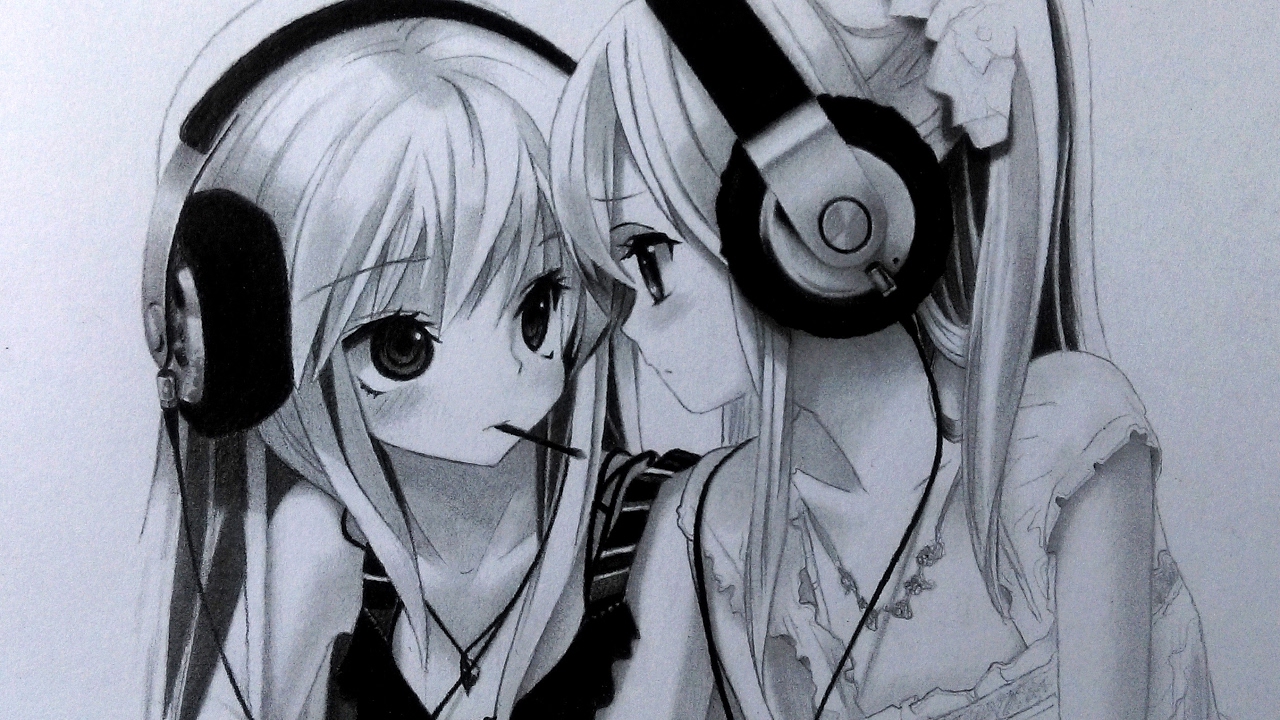 1280x720 Drawing Two Anime Girls With Headphones Graphite Pencil - Anime Sketch Pencil