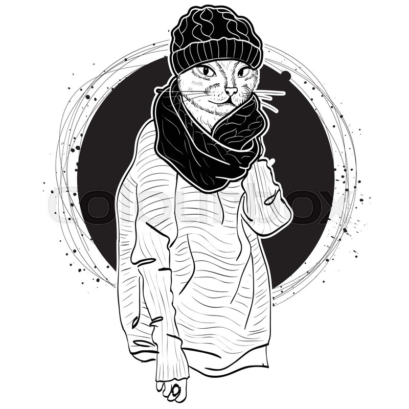 800x800 Vector Monochrome Sketch Of Female Model With Cats Head Wearing - Ankle Sketch