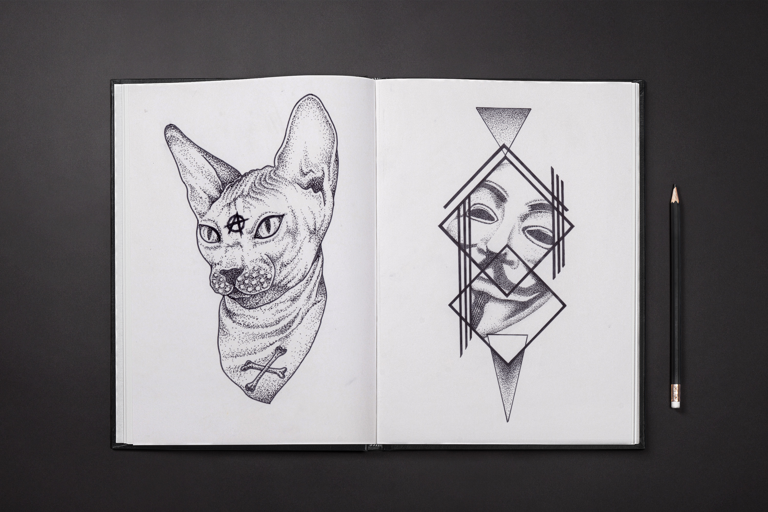 3000x2000 Anonymous Sphinx Cat Reds Tattoo Dot Work - Anonymous Sketch
