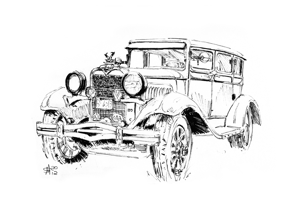1024x692 Martin Squires Automotive Illustration Berkley Castle Classic Car - Antique Car Sketches