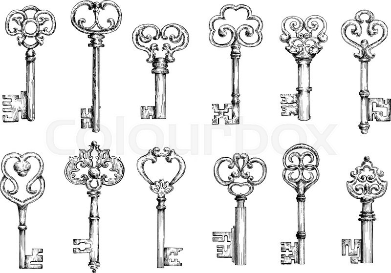 800x559 Ornamental Vintage Skeleton Keys Sketches, Decorated By Forged - Antique Key Sketch