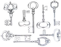 236x182 Set Of Vintage Key Drawings - Antique Key Sketch