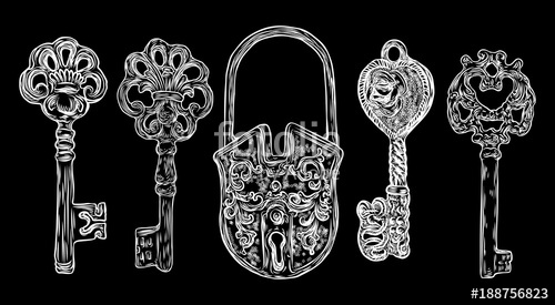 500x275 Set Of Hand Drawn Antique Keys. Sketch Style Of Vintage Key On - Antique Key Sketch