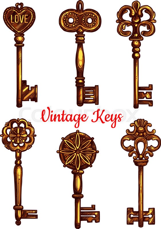 562x799 Vintage And Old Keys Vector Icons Sketch. Set Of Metal Brass Or - Antique Key Sketch
