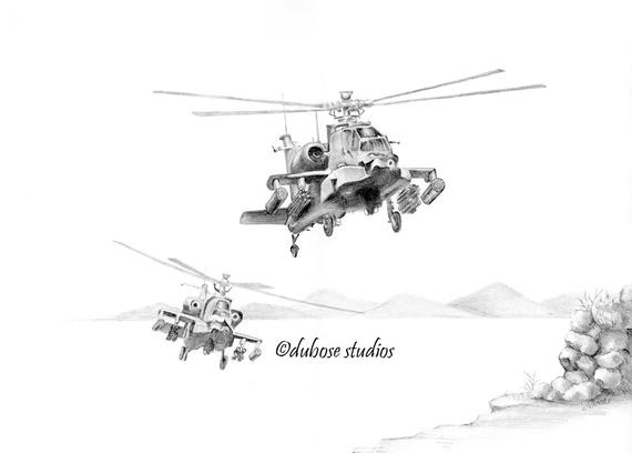 570x408 Ah 64 Apache Attack Helicopter Print From An Original Drawing Etsy - Apache Helicopter Sketch