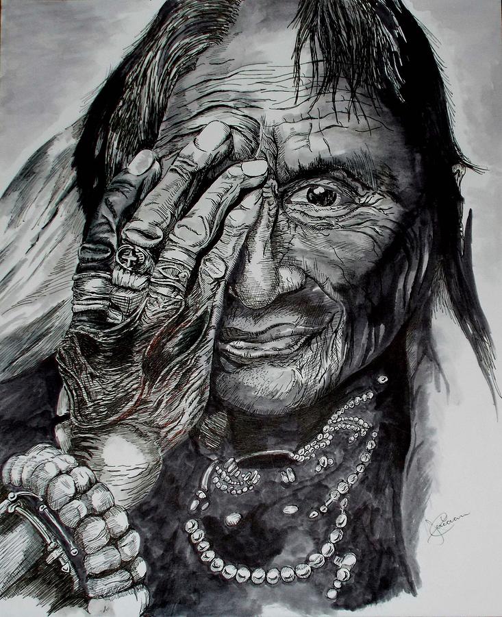 733x900 Old Apache Squaw Drawing By James Corcoran - Apache Sketch