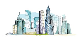 320x180 Modern Urban Colored Doodle Sketch City Center With Skyscraper - Apartment Building Sketch