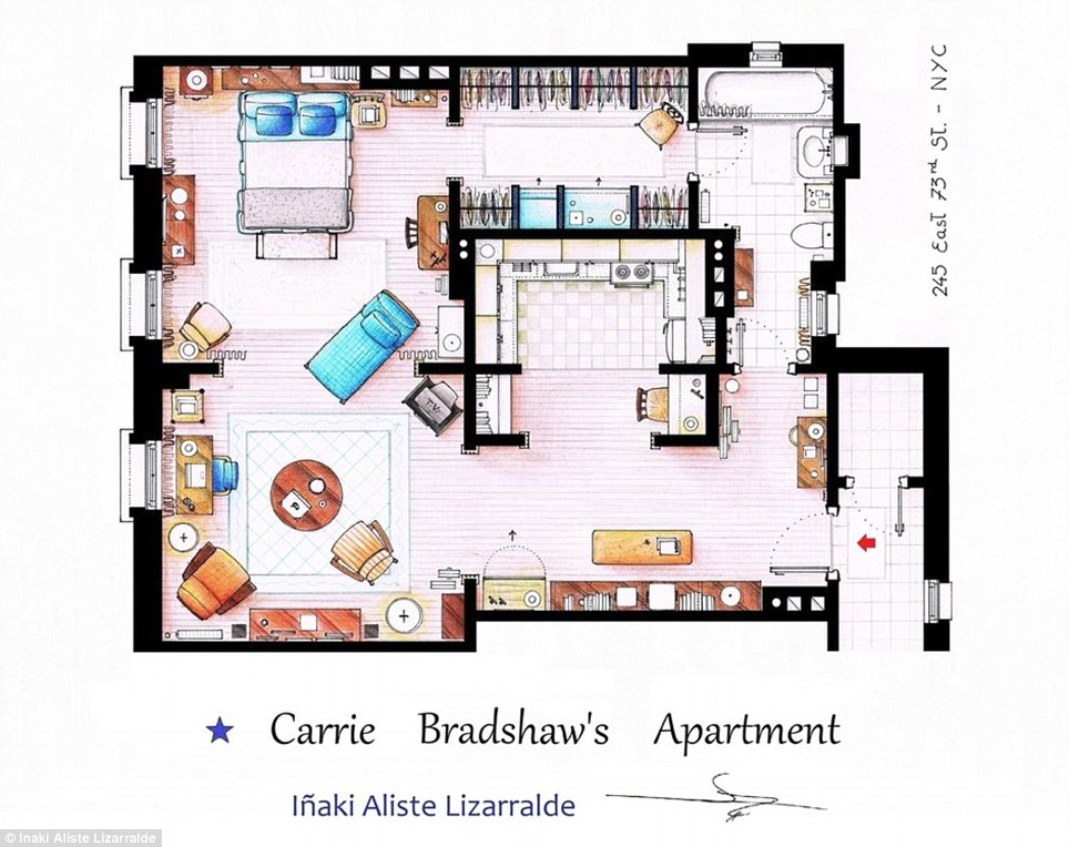 964x764 Artists Sketch Floorplan Of Friends Apartments And Other Famous Tv - Apartment Sketch
