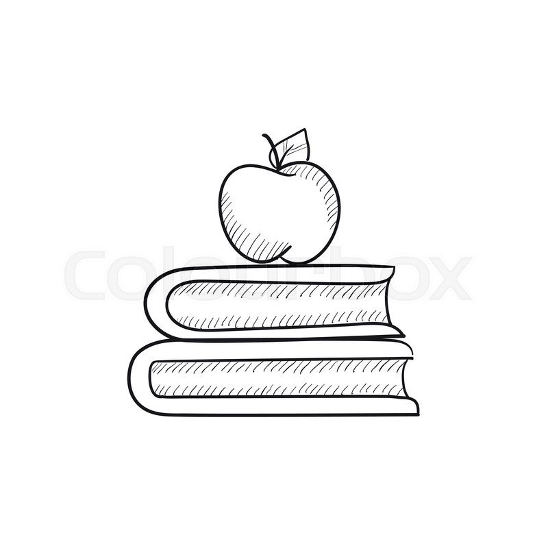 800x800 Books And Apple On Top Vector Sketch Icon Isolated On Background - Apple Sketch Image