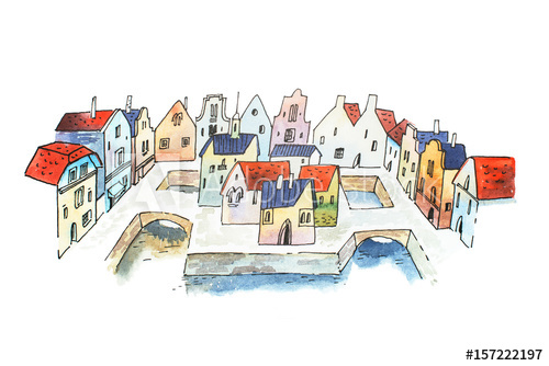 500x334 Aquarelle Sketch Of Canal City Street In France, Europe - Aquarelle Sketch