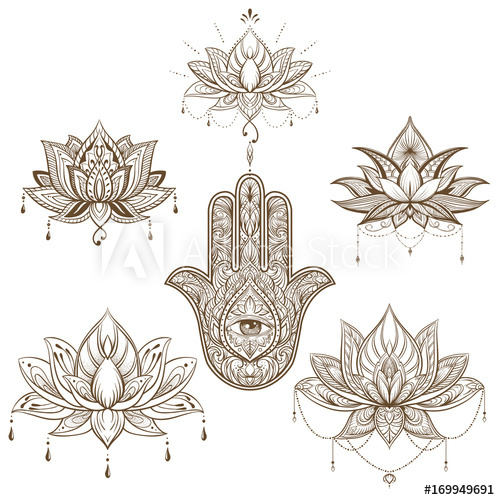 500x500 Lotus Flower And Hamsa Set. Vector. Boho Style, Yoga, India - Arabic Sketch