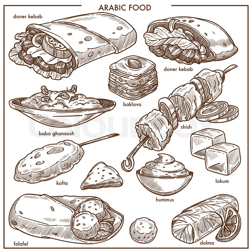 800x800 Arab Cuisine Sketch Icons For Restaurant Menu Template. Vector - Arabic Sketch