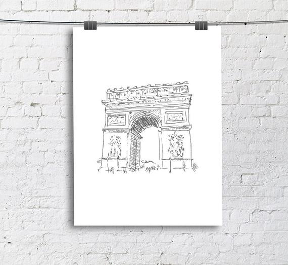 570x523 Arc De Triomphe Paris French Sketch Art Print Living Room Etsy - Arc De Triomphe Sketch