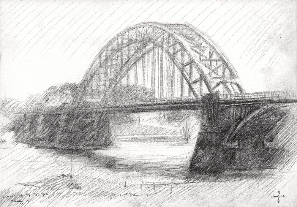 1000x697 Bridge Over The River Waal - Arch Bridge Sketch