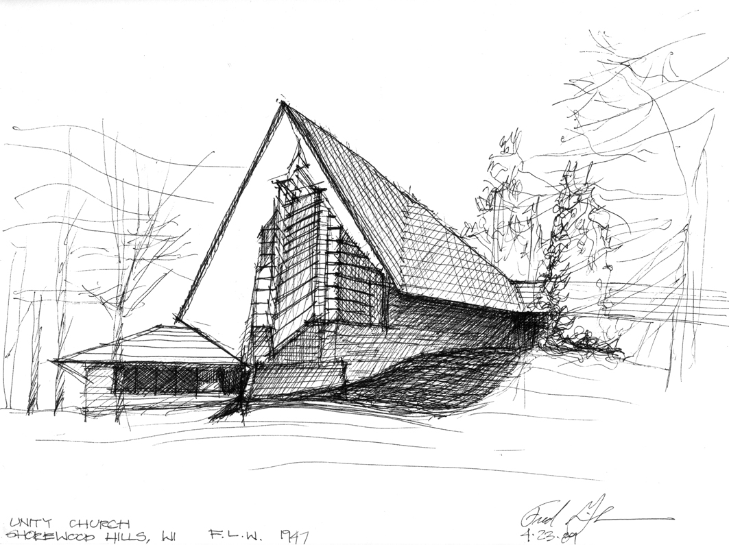 1063x795 Unity Church By Frank Lloyd Wright Sketched By Frederick Clifford - Architect Sketch