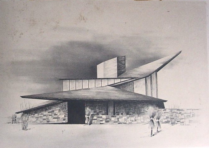 667x471 Mid Century Modern Home Sketch By Architect Richard B. Swain - Architecture Art Sketch