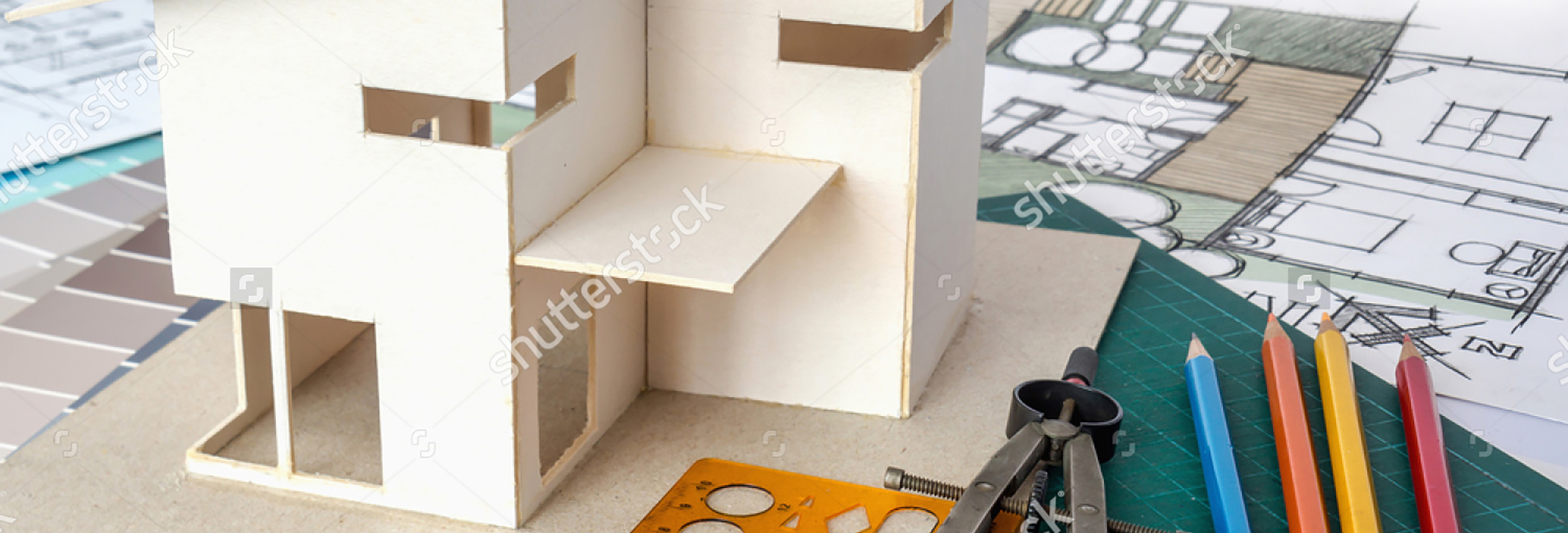 2500x850 Stock Photo Architects Workspace With Small House Model Drawing - Architecture Sketch Model