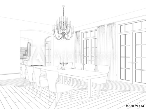 500x375 Sketch Of Classic Dining Area With Vintage Furniture - Area Sketch