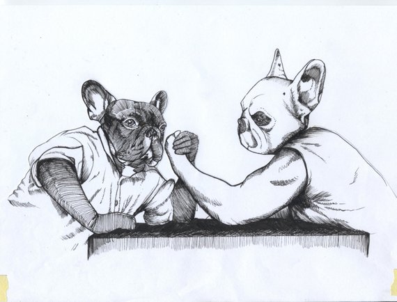 570x434 Items Similar To Arm Wrestling French Bulldogs Original - Arm Wrestling Sketch