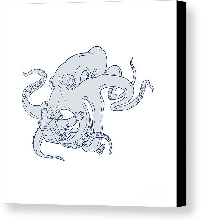678x750 Giant Octopus Fighting Astronaut Drawing Canvas Print Canvas Art - Astronaut Sketch