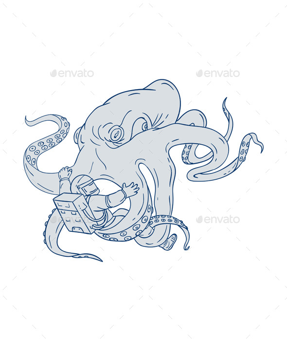 590x700 Giant Octopus Fighting Astronaut Drawing By Patrimonio Graphicriver - Astronaut Sketch