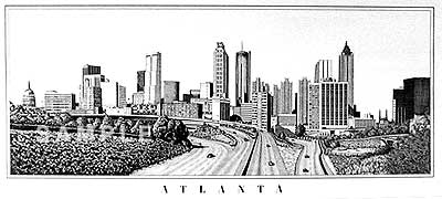 400x180 Atlanta Skyline Painting Print By Artist Robert Harris - Atlanta Skyline Sketch